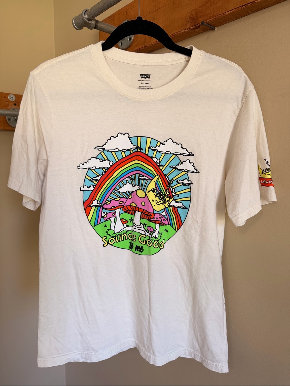 Levi's White Tee with Rainbow & Mushroom Graphic